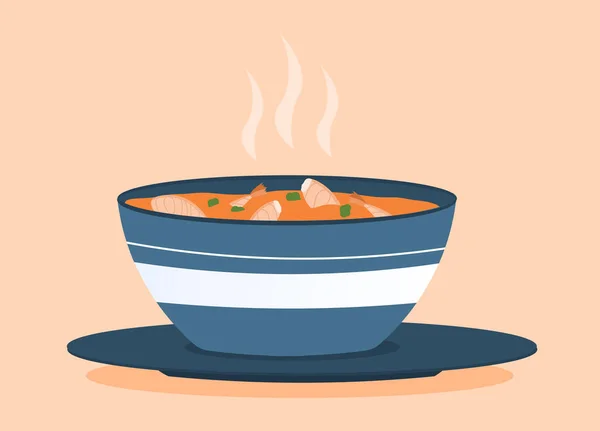 Χαριτωμένο πολύχρωμο πιάτο γεμάτο σούπα Tom Yam σε ροζ φόντο — Διανυσματικό Αρχείο
