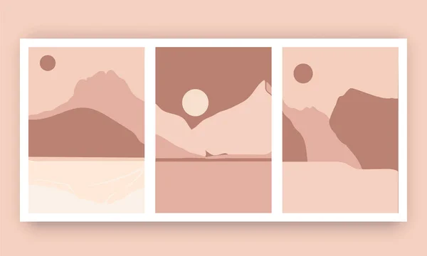 手描きの抽象的な自然山の風景のセット茶色の背景 — ストックベクタ