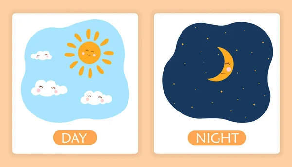 Mots adjectifs opposés avec jour et nuit sur fond blanc — Image vectorielle