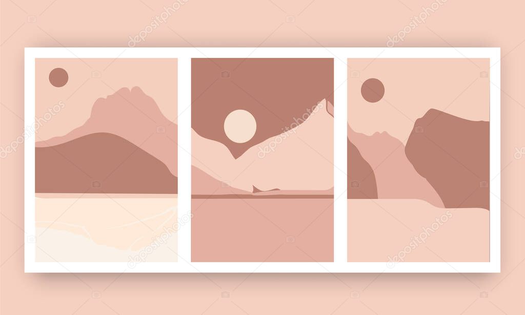 Set of hand drawn abstract nature mountain landscapes om brown background
