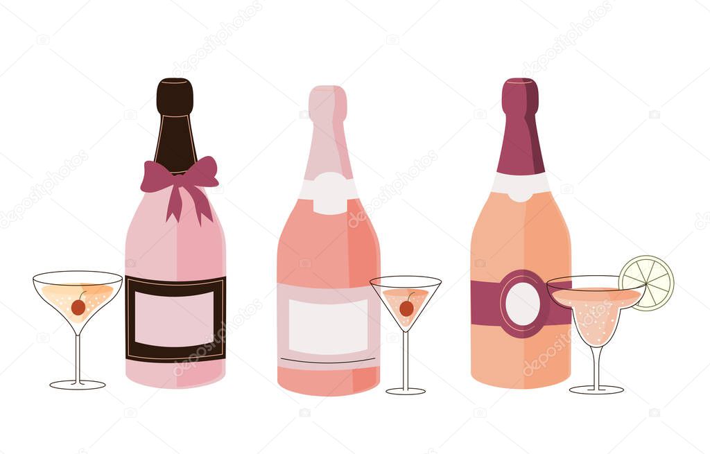 Set of fancy various bottles with colorful alcohol on white background. Bottles of different shapes and colors. Champagne, prosecco, rose, brut sparkling wines. Flat cartoon vector illustration