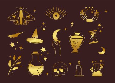 Kelebek, el, kedi, yüz, kahverengi arka planda kristal küre sembolleri olan boho cadısı ve sihirli ikon koleksiyonu.