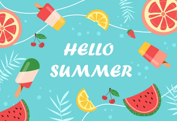 Kleurrijke zomer achtergrond lay-out ontwerp op lichtblauwe achtergrond — Stockvector