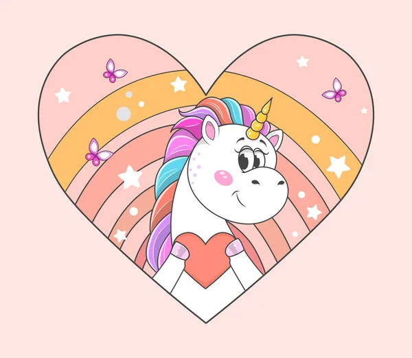 Lindo unicornio con pelo colorido sosteniendo el corazón rojo sobre fondo rosa — Vector de stock