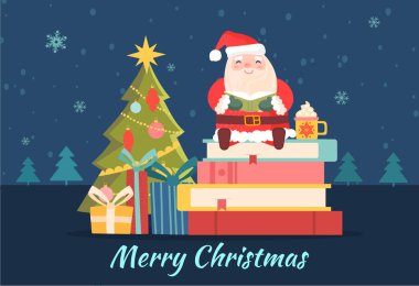 Noel Baba kitapların üzerine oturur.