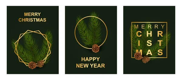 Счастливого Рождества и счастливого Нового года праздничный набор на темно-зеленом фоне — стоковый вектор