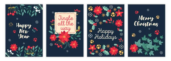 Conjunto de feliz Navidad y feliz año nuevo plantilla de postal floral sobre fondo oscuro — Vector de stock