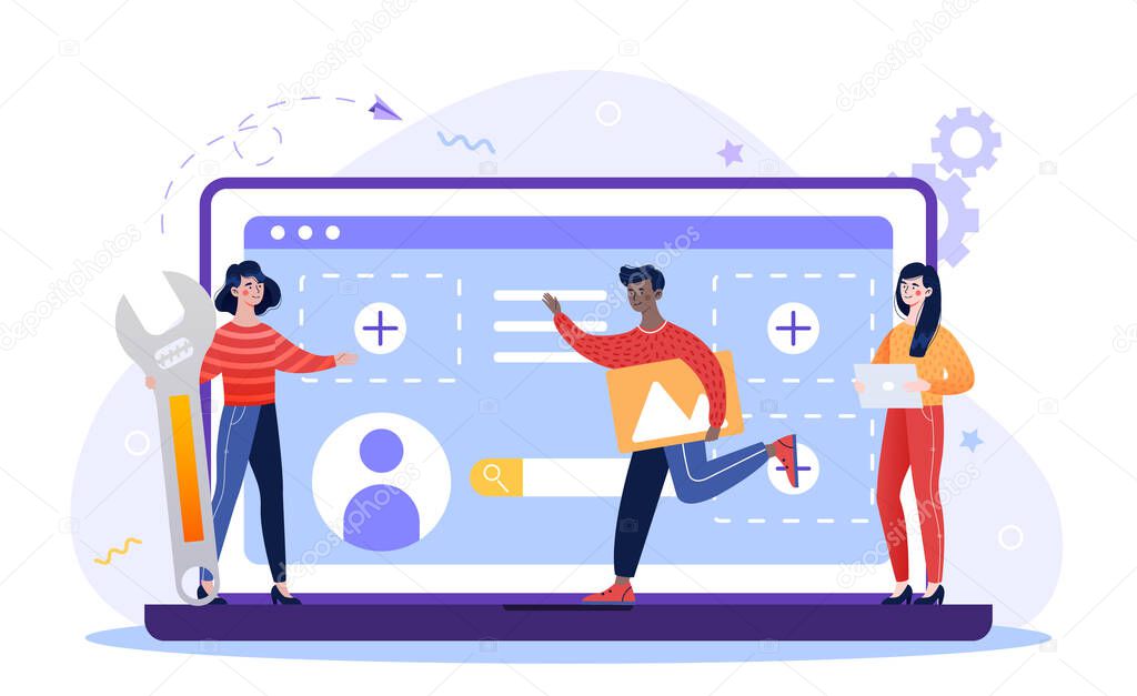 Team of people. People developing new website, exploring technologies. Team creates application for phones and computers with video. Cartoon flat vector illustration isolated on a white background
