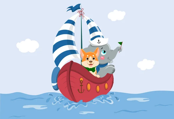 Dog and baby elephant on ship — Stock Vector