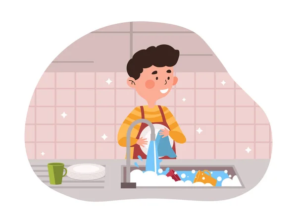 Τα πιάτα πλυσίματος αγόρι — Διανυσματικό Αρχείο