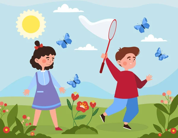 Дети ловят бабочек — стоковый вектор