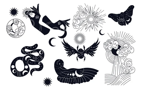 Ensemble mystique de tatouages ou d'autocollants — Image vectorielle