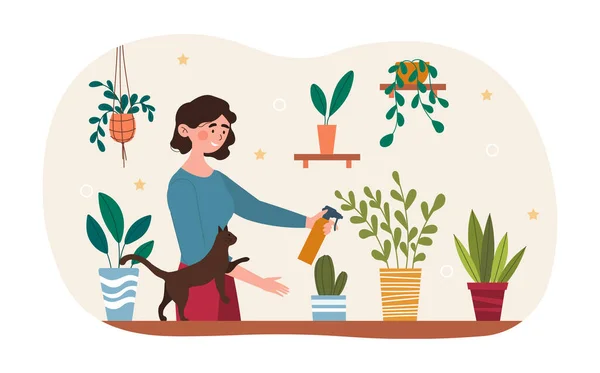 Mulher regando plantas de sala —  Vetores de Stock