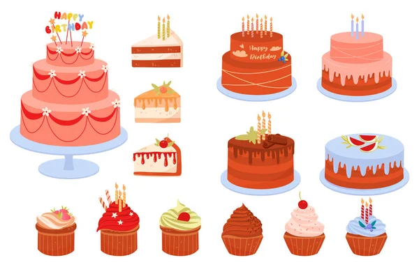 Conjunto de pasteles de cumpleaños — Vector de stock