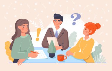 Genç erkek ve kadın karakterler bir iş toplantısında birlikte oturuyorlar.