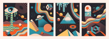 Renkli soyut psikedelik uzay kompozisyonları kümesi