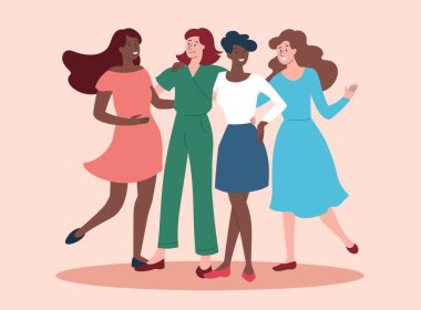 Mutlu kadın karakterler pembe arka planda yan yana duruyorlar.