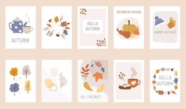 Ensemble de cartes postales d'ambiance automnales avec des éléments d'automne essentiels sur fond pastel — Image vectorielle