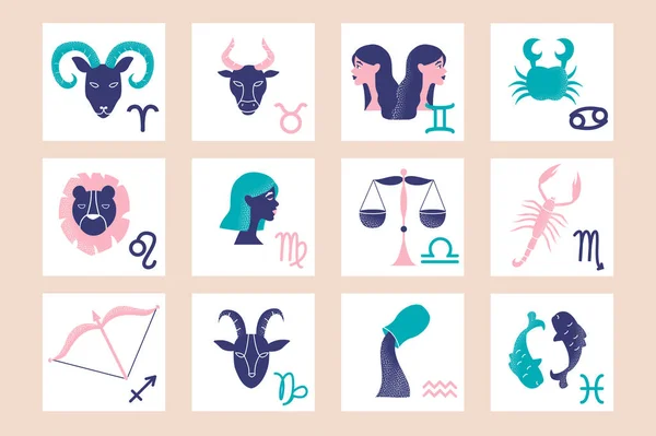 Ensemble coloré de signes du zodiaque sur fond rose — Image vectorielle