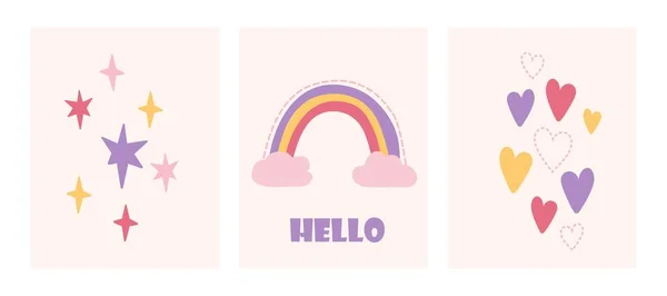Lindo conjunto infantil con arco iris, estrellas y corazones sobre fondo rosa pastel — Vector de stock