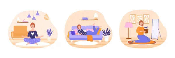 Set of scenes with female character staying at home on white background — Stock Vector