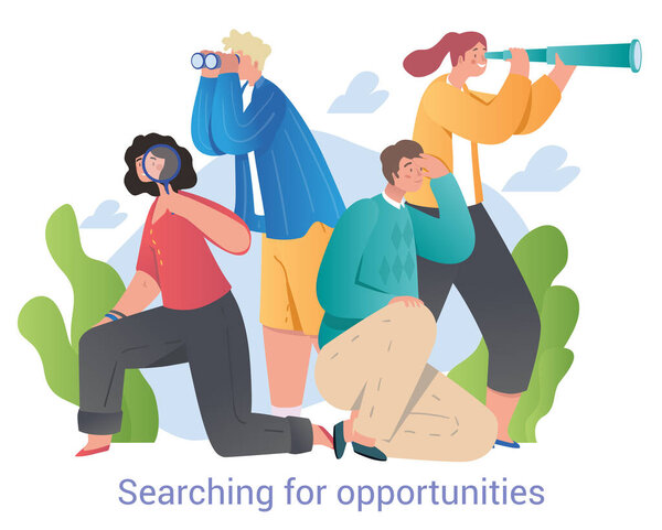 Молодые мужские и женские персонажи вместе смотрят в бинокль на белом фоне