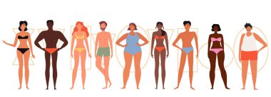 Beyaz arka planda farklı vücut şekillerine sahip erkek ve kadın karakterler.
