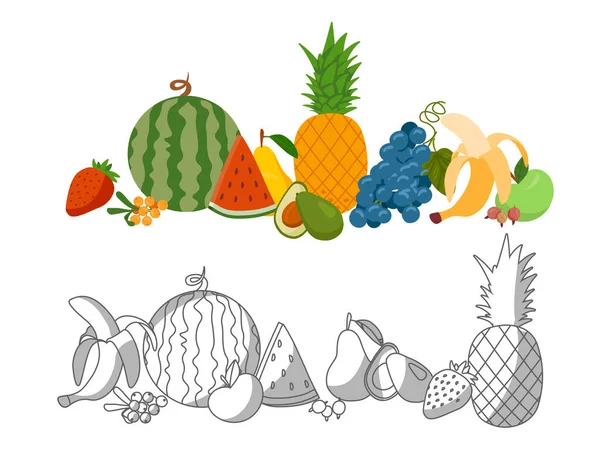 Conjunto de frutas de colores y blanco y negro. — Vector de stock