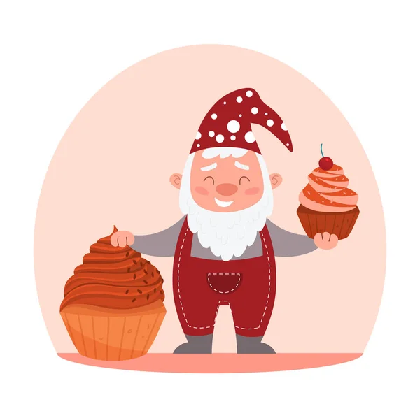 Gnome memegang cupcake di tangannya - Stok Vektor