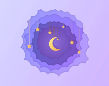 Gece gökyüzü yuvarlak çerçeve üzerinde yıldızlar kağıt kesim stiliyle ipte