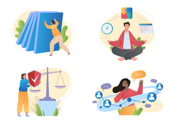 Set of male and female characters using their best personal qualities on white background