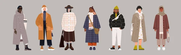 Набор модных женских персонажей в модной одежде на сером фоне — стоковый вектор
