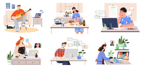 Set with male and female characters learning new skills via online lesson on white background