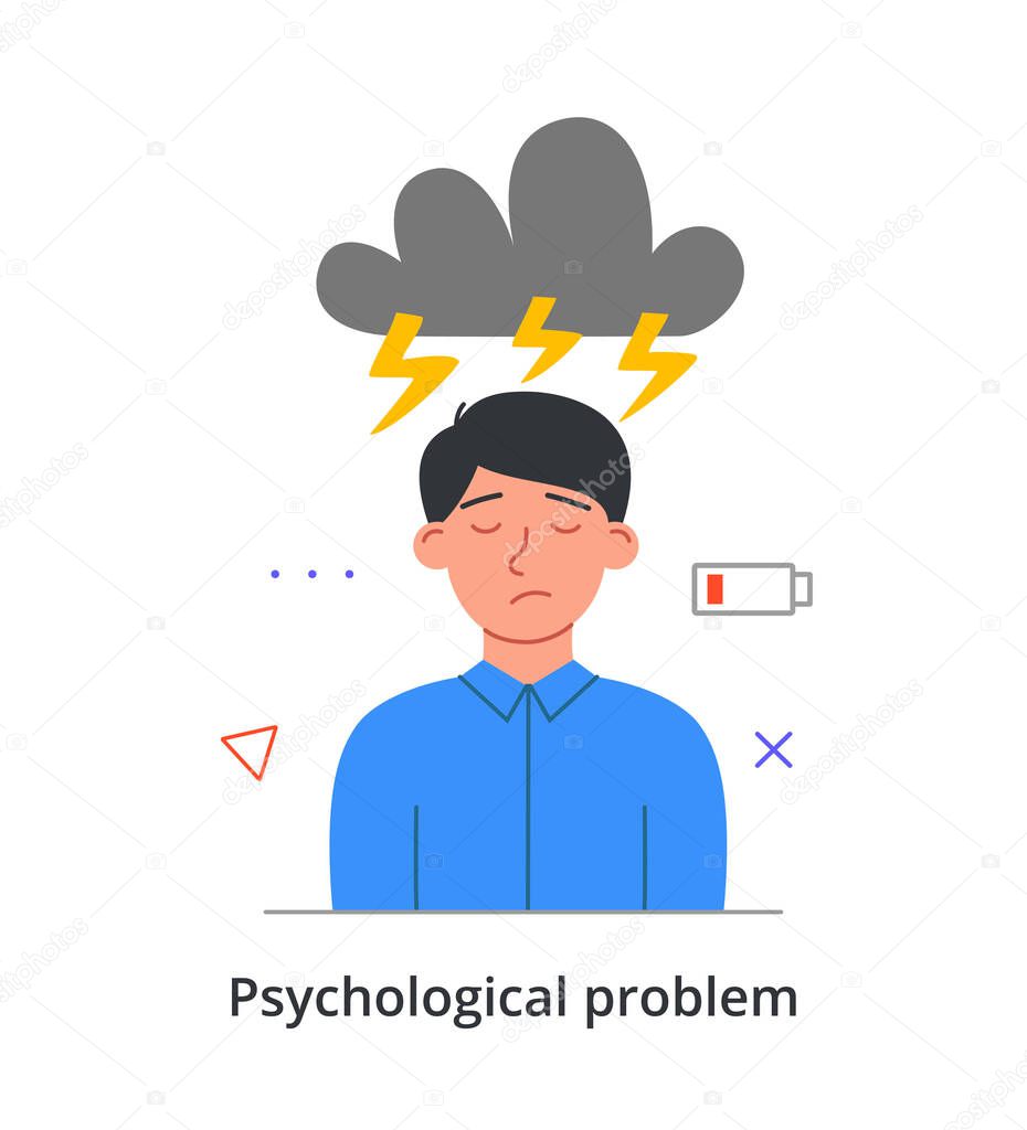 Young stressed male character is having a psychological problem on white background