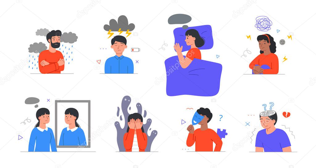 Set with male and female characters having mental health problems on white background