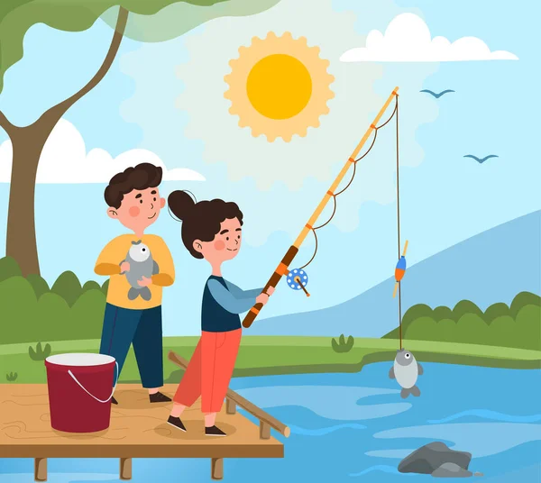 Рыбалка в пруду — стоковый вектор