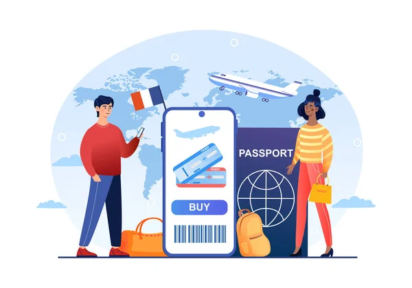 모바일 앱을 통해 비행중에 표를 사는 여행자들 — 스톡 벡터