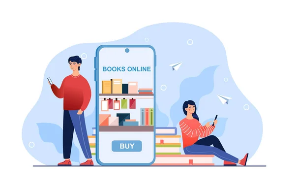 Libreria online. Gli adolescenti utilizzano l'app per l'acquisto di libri — Vettoriale Stock