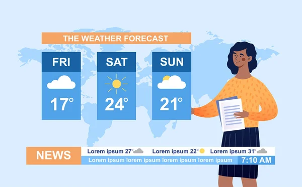 Hôte de l'émission de télévision parle de la météo pour le prochain week-end. — Image vectorielle