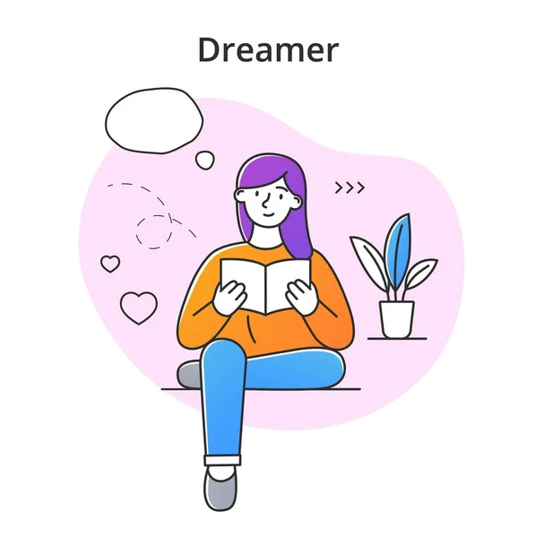 Jovem personagem feminina sonhando ao ler o livro — Vetor de Stock