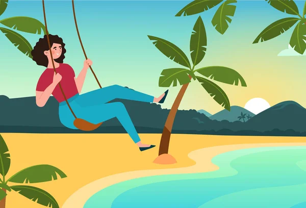 Chica balanceándose en el swing en la playa — Vector de stock