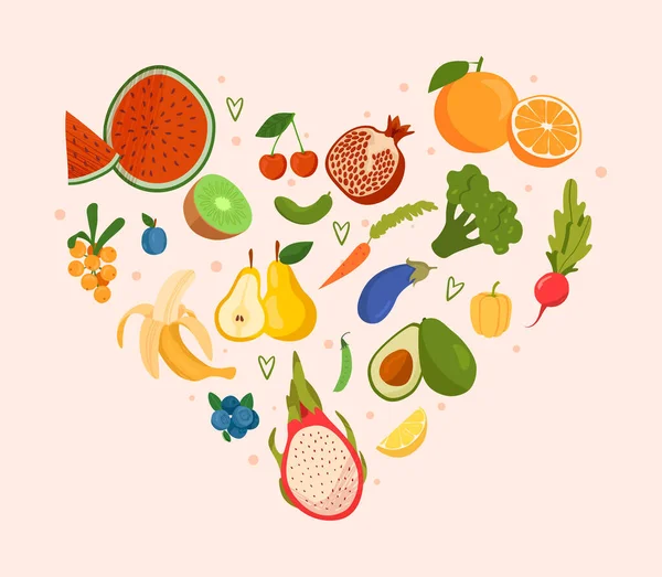 Corazón hecho de frutas y verduras — Vector de stock