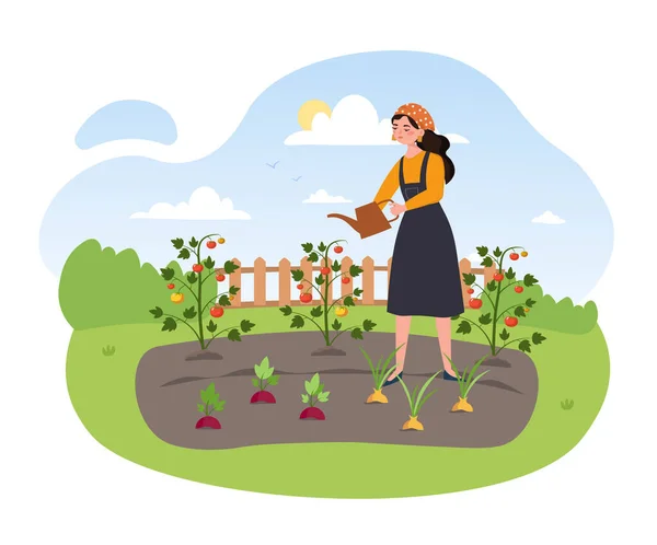 Woman watering garden concept — Stock Vector