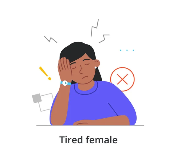 Cansado personagem feminino está sentado no trabalho com os olhos fechados no fundo branco —  Vetores de Stock