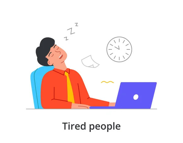 Extreem vermoeide mannelijke karakter slaapt op het werk in de voorkant van laptop op witte achtergrond — Stockvector
