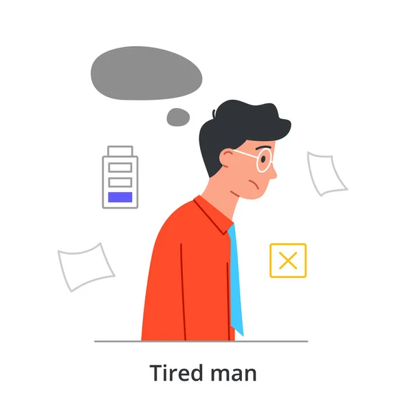 Trött ung man karaktär försöker att inte somna på väg till jobbet på vit bakgrund — Stock vektor