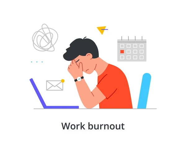 Giovane personaggio maschile è affetto da burnout lavoro mentre seduto sul suo posto di lavoro su sfondo bianco — Vettoriale Stock