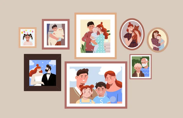 Conjunto de retratos fotográficos familiares en marcos de diferentes formas en pared lisa y pastel — Vector de stock