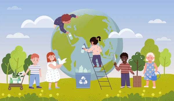 Children volunteers are cleaning up planet wastes and plant trees on the Earth — Stock Vector