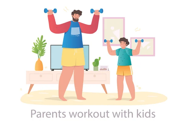 Cute male character is doing workout with his little son at home on white background — Stock Vector